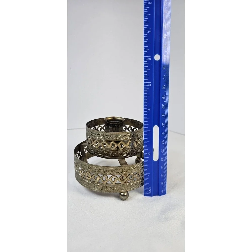 Vintage Brass Tone Pierced Scrollwork Filigree-Style‎ Taper Candle Holder 4.25